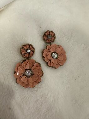 Peach Floral Statement Drop Earrings with Crystal Stone Center Lightweight